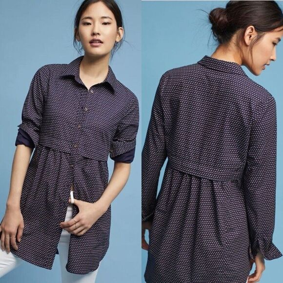 Anthropologie Maeve Blue Long Sleeve Polka Dot Cotton Long Blouse - Picture 1 of 9